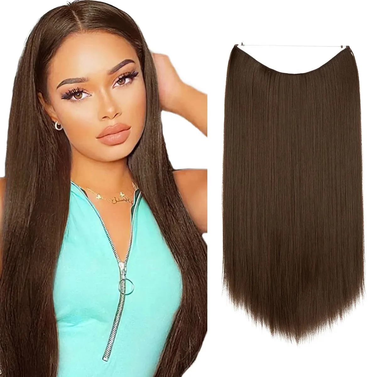 Estensioni per capelli con filo invisibile sintetico resistente al calore premium con clip Posticci Capelli lunghi lisci naturali finti per donna — image 14