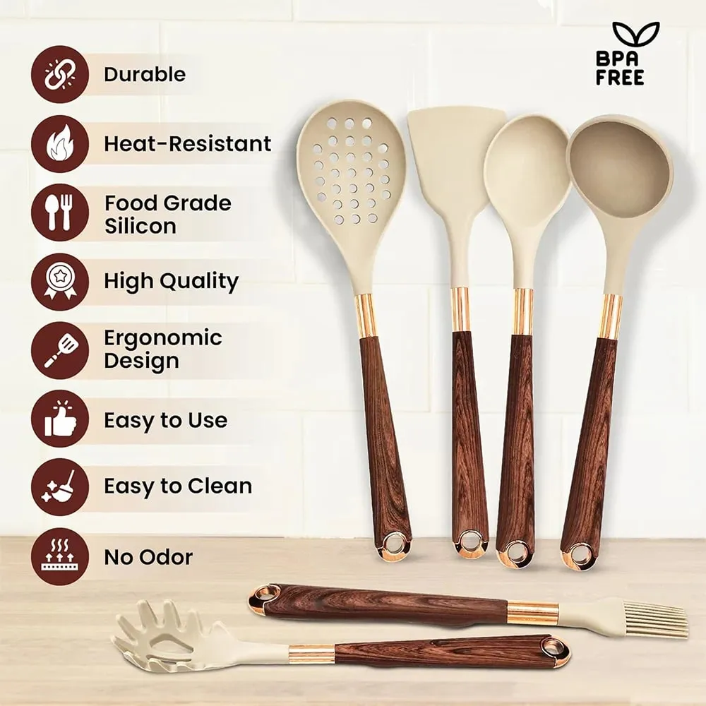 Set Perkakas Dapur Silikon 10 Keping Perkakas Memasak dengan Pemegang Perkakas Pemegang Corak Kayu Alat Memasak Nonstick JT264 — image 5