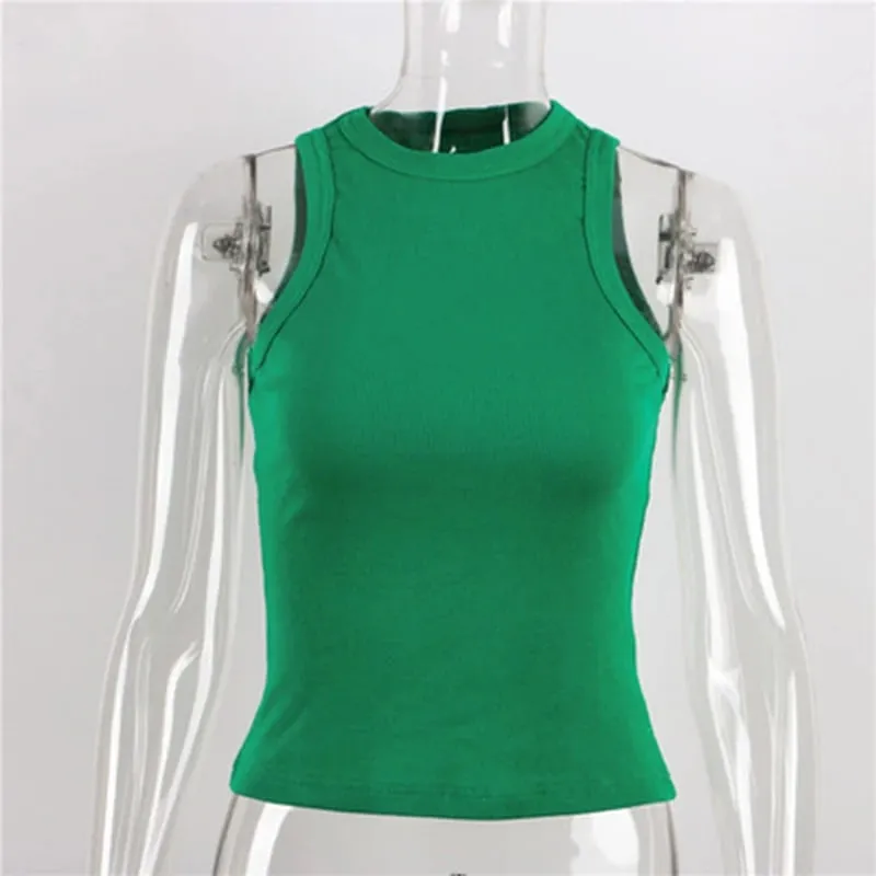 Top in maglia a costine Collo Camicie basic estive Bianco Nero Gilet sportivo casual con spalle scoperte Canotta da donna verde — image 10