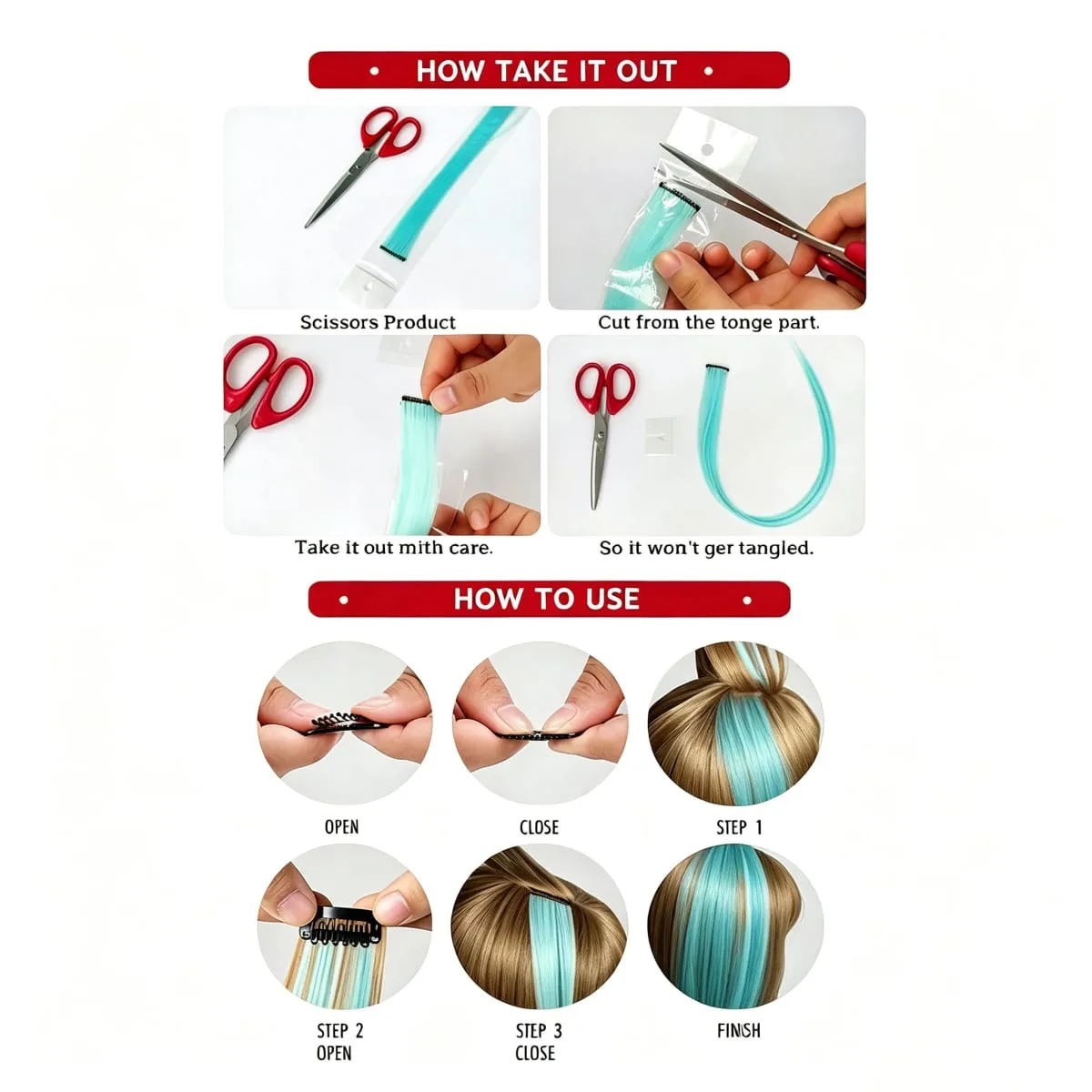 6 Pcs Synthetic Light Blue Clip In Hair Extensions Bright Cyan Synthetic Clip In Hair Extensions Straight Color Highlight Hair — image 2