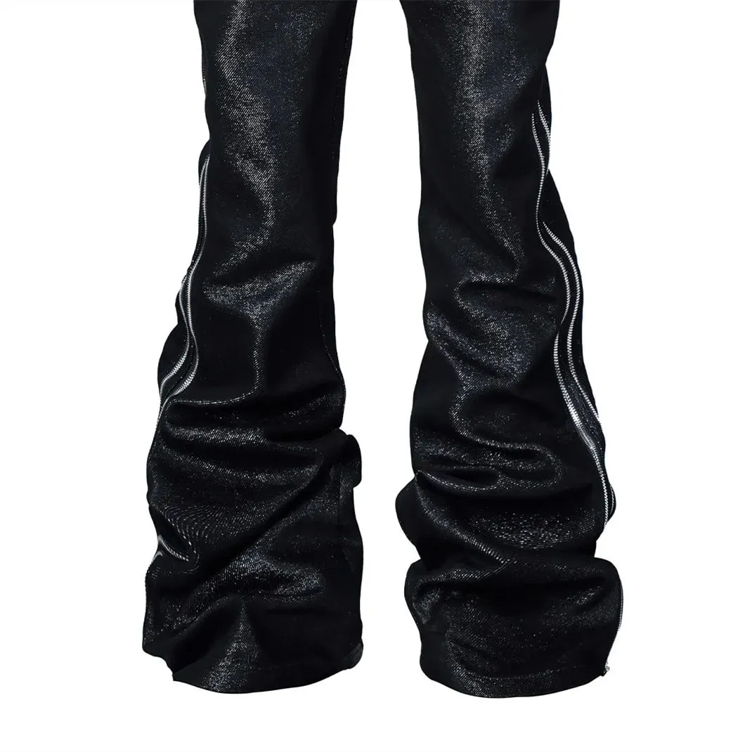 Jeans bootcut con trama metallica intrecciata in filo d'argento di alta qualità Jeans impilati punk gotico con doppie cerniere laterali da uomo — image 6