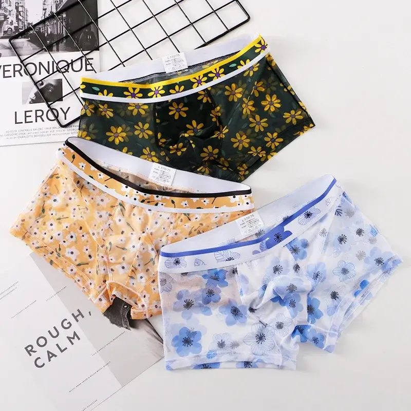 Boxer en maille pour hommes, imprimé Floral, sous-vêtements en soie glacée, Ultra-mince, Transparent, respirant, doux, très extensible, culotte à séchage rapide — image 12