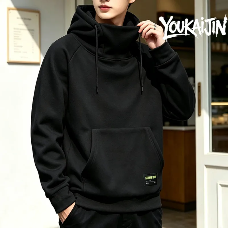 Baju Sweatshirt Bulu Kutub Lelaki Warna Pejal Gaya Jalanan Musim Gugur Musim Sejuk Tudung Sukan Kalis Angin Bersaiz Besar Kolar Tinggi Hoodie 5XL — image 1