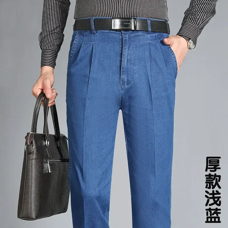 Primavera e verão jeans de meia-idade high-end elástico solto de cintura alta jeans masculino pai calças jeans de negócios — image 9
