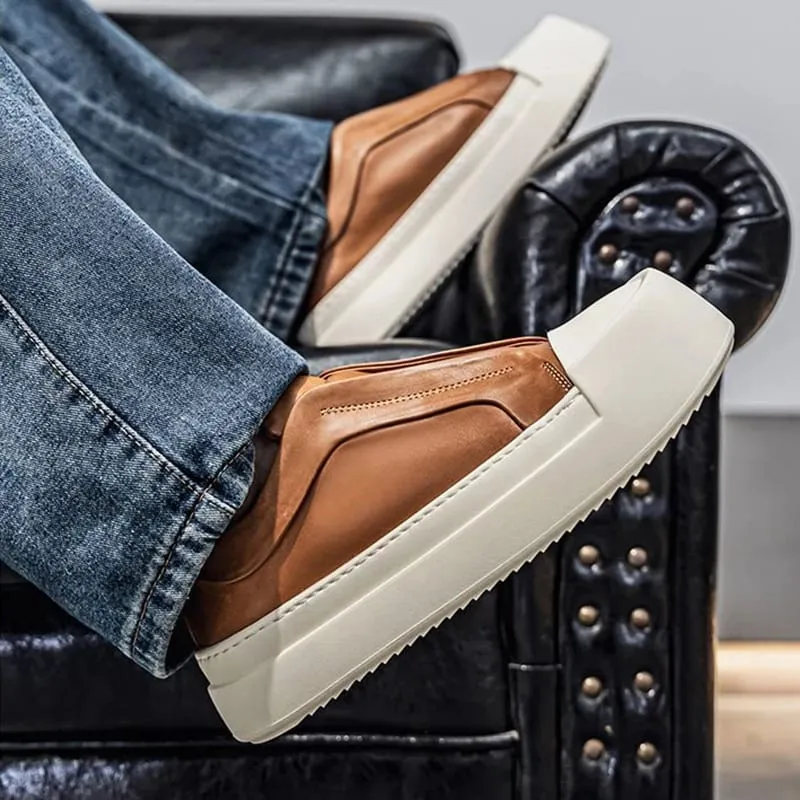 Retro Brown PU Leather Men's Shoes Lightweight Platform Elastic Band Casual Sneakers Fashion Street Walking Shoes High Quality — image 3