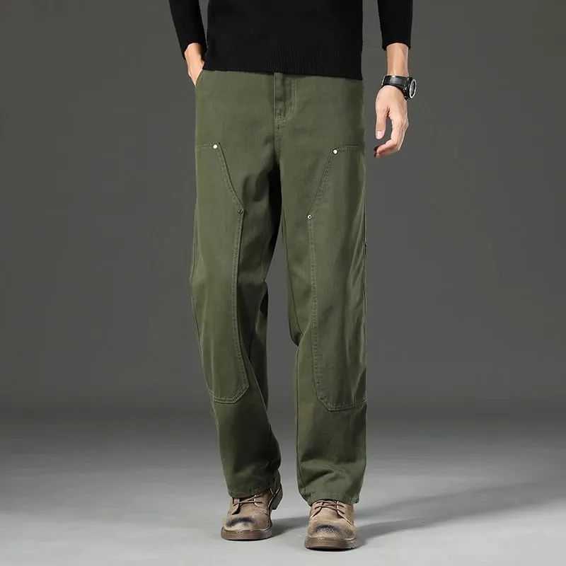 Haute qualité printemps nouveau Style droit ample hommes pantalons décontractés Rivet épissage Style Safari coton pantalon armée vert jean — image 2