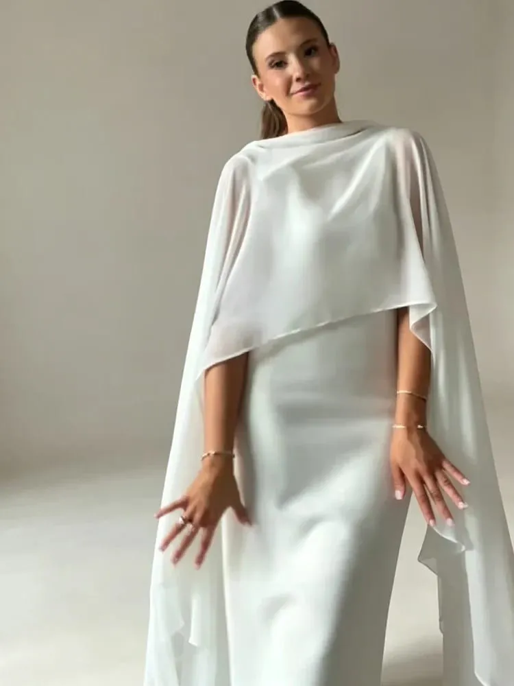 Abito maxi con scollo tondo a mantella trasparente per donna, gonna aperta sul retro, design tinta unita, elegante abito da cerimonia formale da sera femminile — image 5