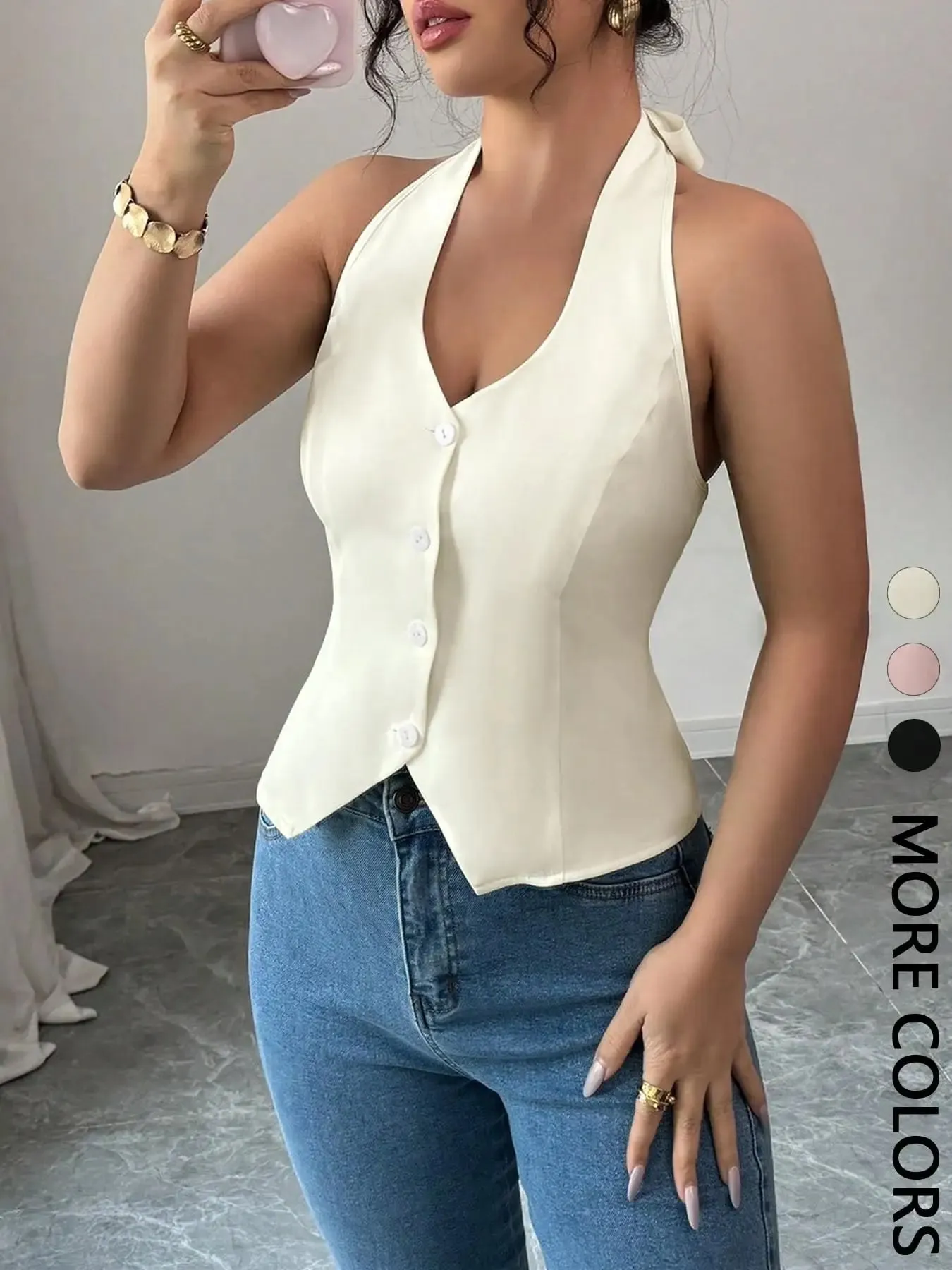 ผู้หญิงสีทึบลำลองปุ่ม-Up Halter Top Tank Vest One PieceสบายBreathableแฟชั่นฤดูร้อนสวมใส่ — image 6