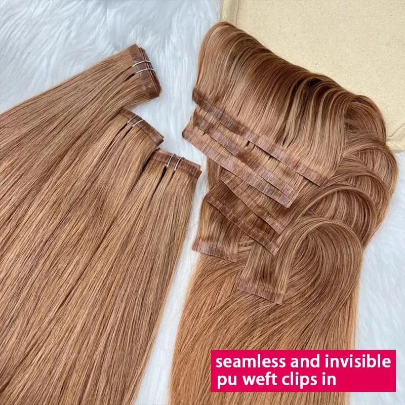 # 30 Colore dritto invisibile clip senza cuciture nelle estensioni dei capelli PU Clip Ins 7 pezzi / set 100g 100% capelli umani vergini grezzi testa piena — image 3
