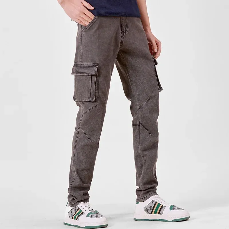 Pantalones Cargo de Mezclilla con Cintura elástica Estilo Callejero para Hombre, Vaqueros Informales de Corte Entallado y Lavado de Color sólido con múltiples Bolsillos para Uso Diario