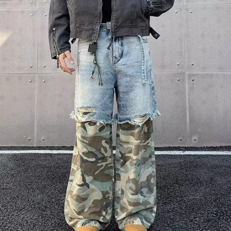 Street Patchwork Ripped Camouflage กางเกงยีนส์ Baggy ปลอม 2 ชิ้นล้างกางเกงยีนส์ Vintage Y2K Camo Cargo Straight Jean Man — image 2
