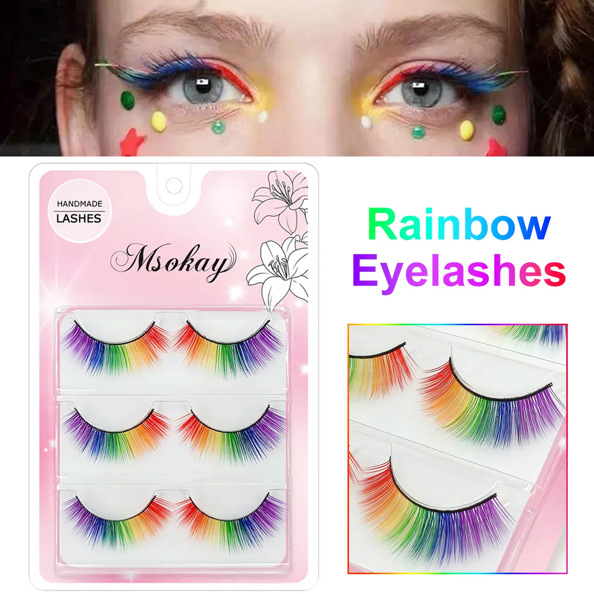 3 Paar 3D flauschige bunte Wimpern, falsche Wimpern, Regenbogenfarben, Zilien für Puppen, Make-up, gefälschte Wimpern, lange Wimpernverlängerung — image 1