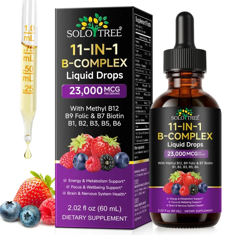 11-in-1 B Complex Liquid หยดพร้อม Methyl B12 โฟเลตไบโอตินสำหรับการเผาผลาญพลังงานรายวันโฟกัสสมองและการสนับสนุนภูมิคุ้มกัน 60ml