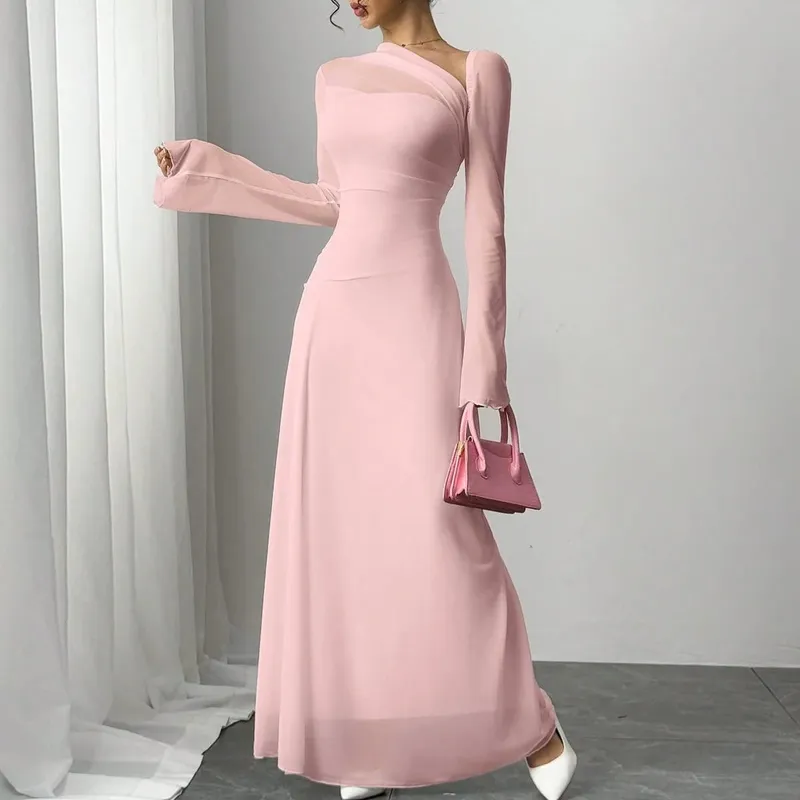 Nuovo abito ultra lungo da donna primavera/estate in tulle rosa esplosione slim con spalla diagonale irregolare