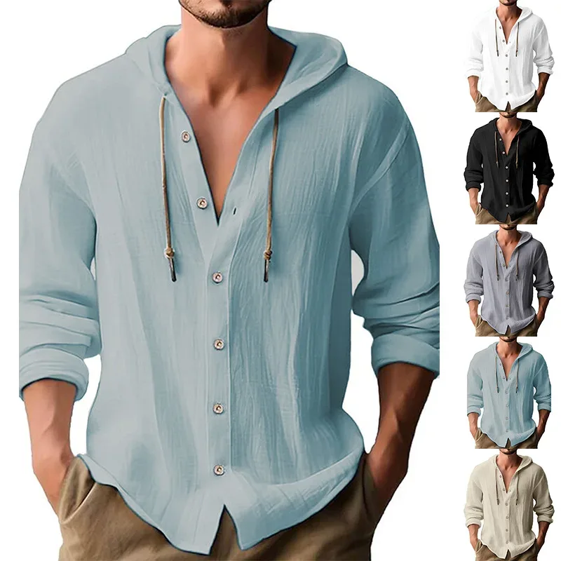 Men's Solid Color Casual Shirt Hooded Drawstring Cotton and Linen Cardigan Trendy and Versatile Loose Beach T-Shirt — image 3