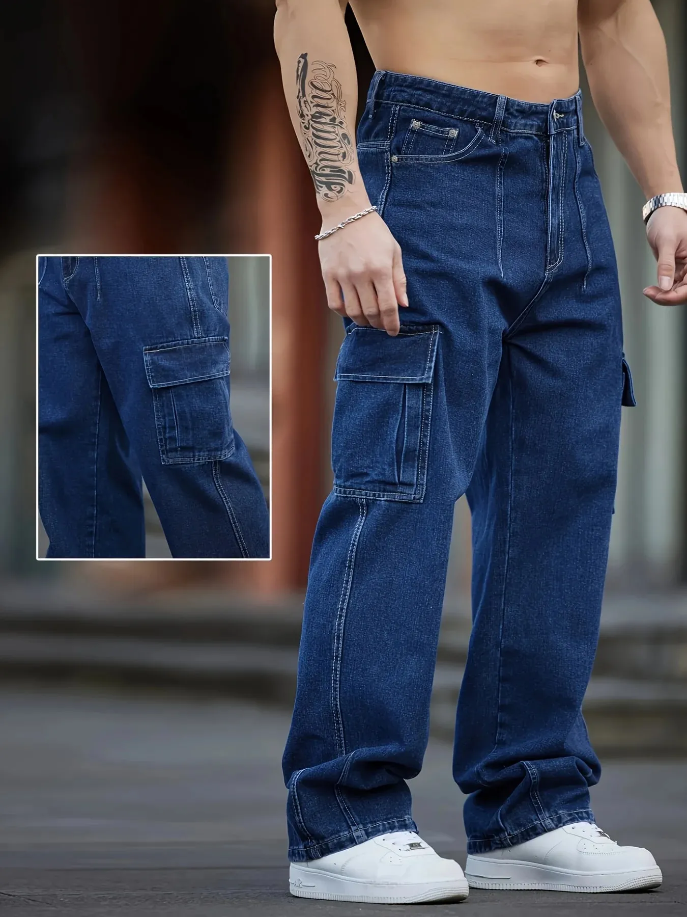Herren-Jeans aus tiefblauem, gewaschenem Denim, Arbeitskleidung, lässiges Design mit mehreren Taschen, lockere Hose mit weitem Bein, Cargohose im Y2K-Stil — image 7