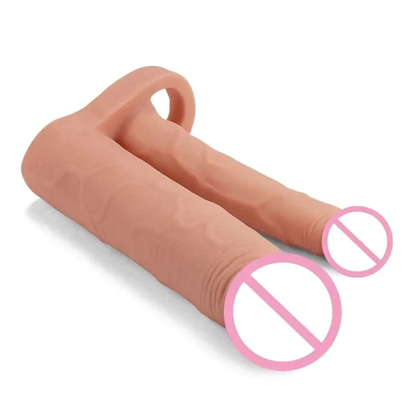 Dildo สมจริงอวัยวะเพศชาย Extender Sleeve ถุงยางอนามัยแบบใช้ซ้ำได้สอดใส่คู่ Plug Anal Dildo Intimate Goods เพศของเล่นสำหรับผู้ชาย — image 4