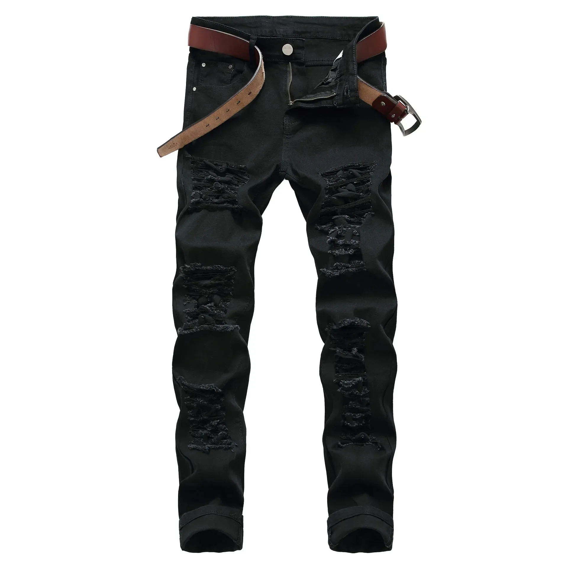 Pantaloni in denim con foro 2025 Jeans da uomo con foro in rovina di marca marea Solid Slim Pantaloni hip-hop High Street all-match rosso bianco di grandi dimensioni — image 9
