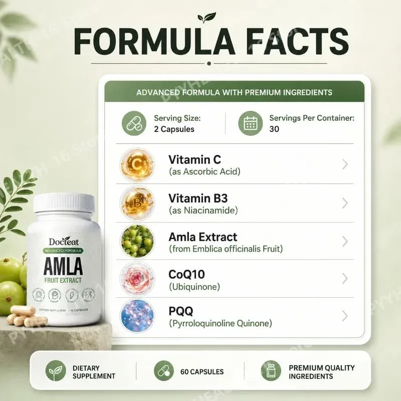 Κάψουλες Docteat Amla Fruit Extract Κάψουλες ανοσοποιητικής λειτουργίας Υποστήριξη για την υγεία του δέρματος με βιταμίνη C B3 CoQ10 PQQ 60 κάψουλες — image 3