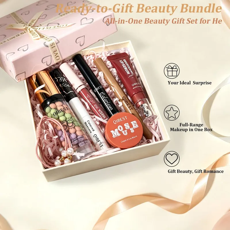 Set solek 7 keping lip gloss lip liner blush eyeshadow primer set solek maskara Hadiah Krismas — image 4