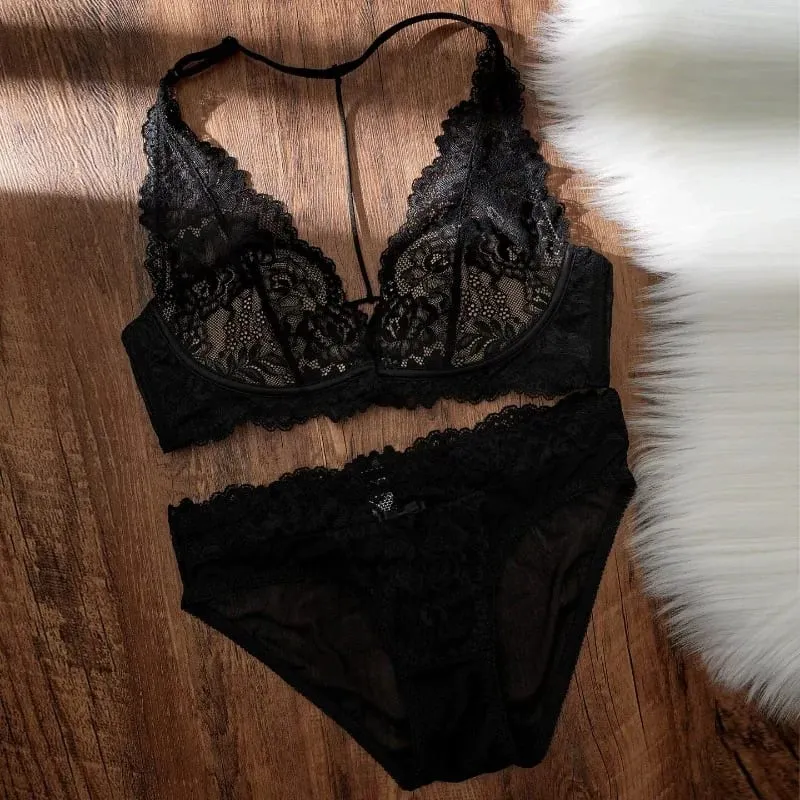 Set Bra Halter Renda Antik Perancis Bra Intim Wanita Keinginan Murni Lembut Pengangkat Payudara Kecil Push Up Payudara Kecil Nirkabel — image 1