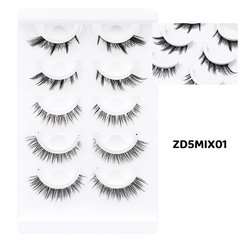 5 Paar Manga-selbstklebende falsche Wimpern im gemischten Stil, kleberfreie, wiederverwendbare natürliche Streifenwimpern für das tägliche Augen-Make-up — image 8