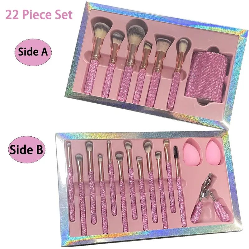סט מברשות גליץ וגלאם 22 יחידות חבילה RHINESTONE גלאם מברשות סט מברשות איפור בלינג מברשות יהלום איפור מברשות דלי אחסון עם קופסה