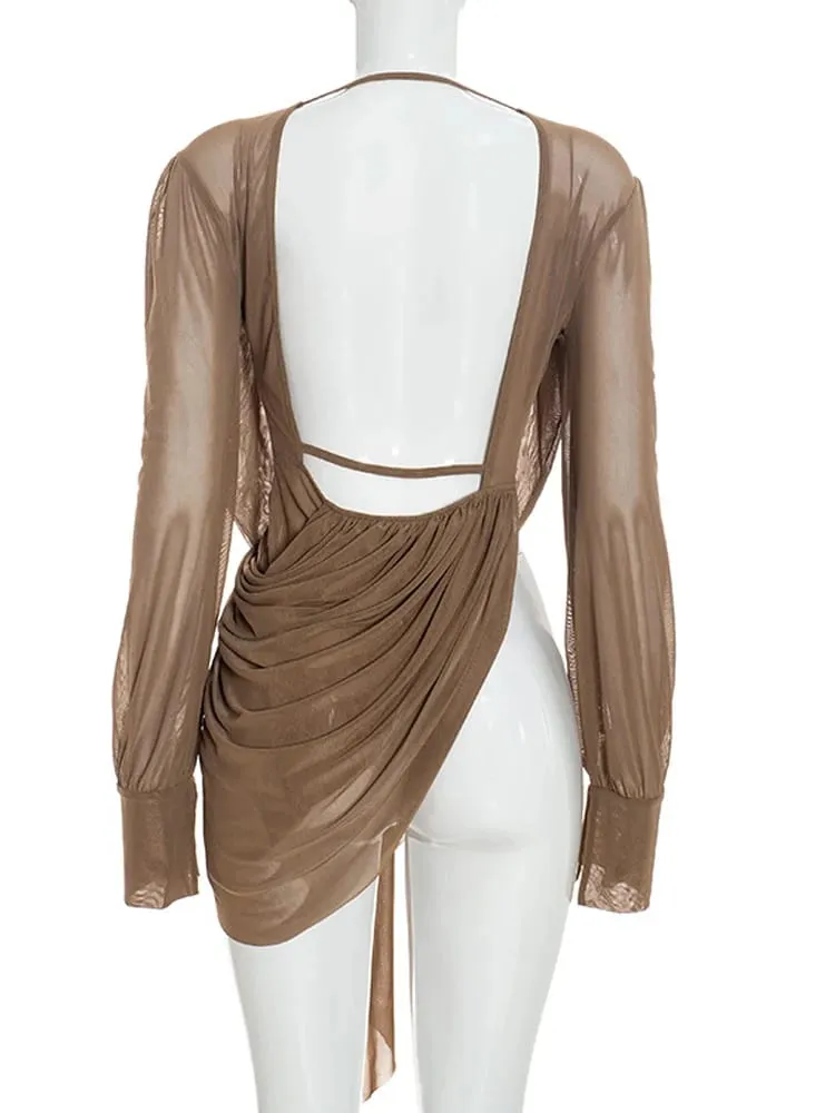 Beyprern Chic Y2K Estetico Scollo profondo Maglia Top Femminile Drappeggiato Asimmetrico Manica lunga Cover Up Camicetta Night Out Clubwear — image 5