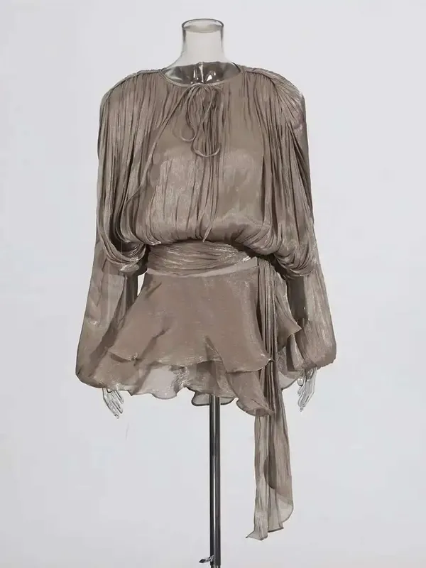Solide Bluse Mini Kleider Für Frauen V-ausschnitt Langarm Verstärktes Spitze Up Süße Stil Kleid Weibliche Kleidung Mode — image 15