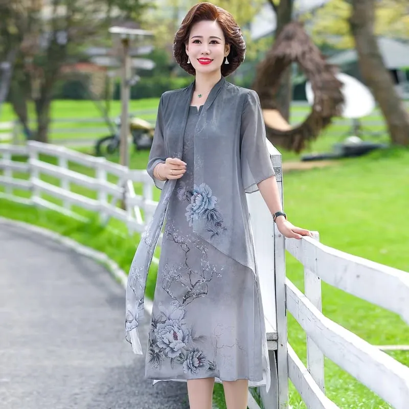 Fake two Summer Silk Middle Aaged Women Chiffon Short Sleeve Midi Dress Female Elegant Mother Dresses Vestitos — image 1