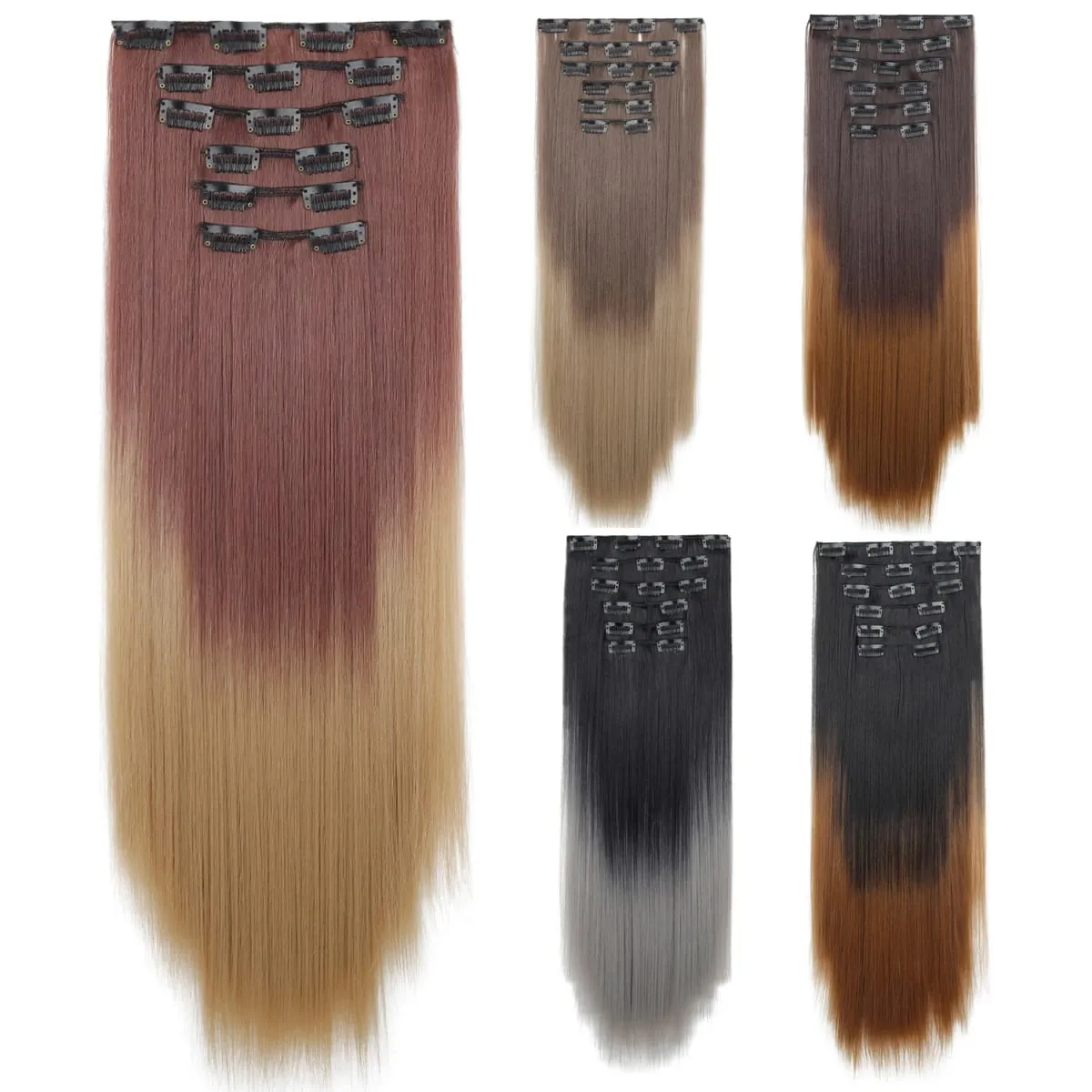 6 pezzi set clip nelle estensioni dei capelli 24 pollici lungo rettilineo testa piena capelli sintetici ombre sfumatura di colore uso quotidiano per le donne signore — image 1