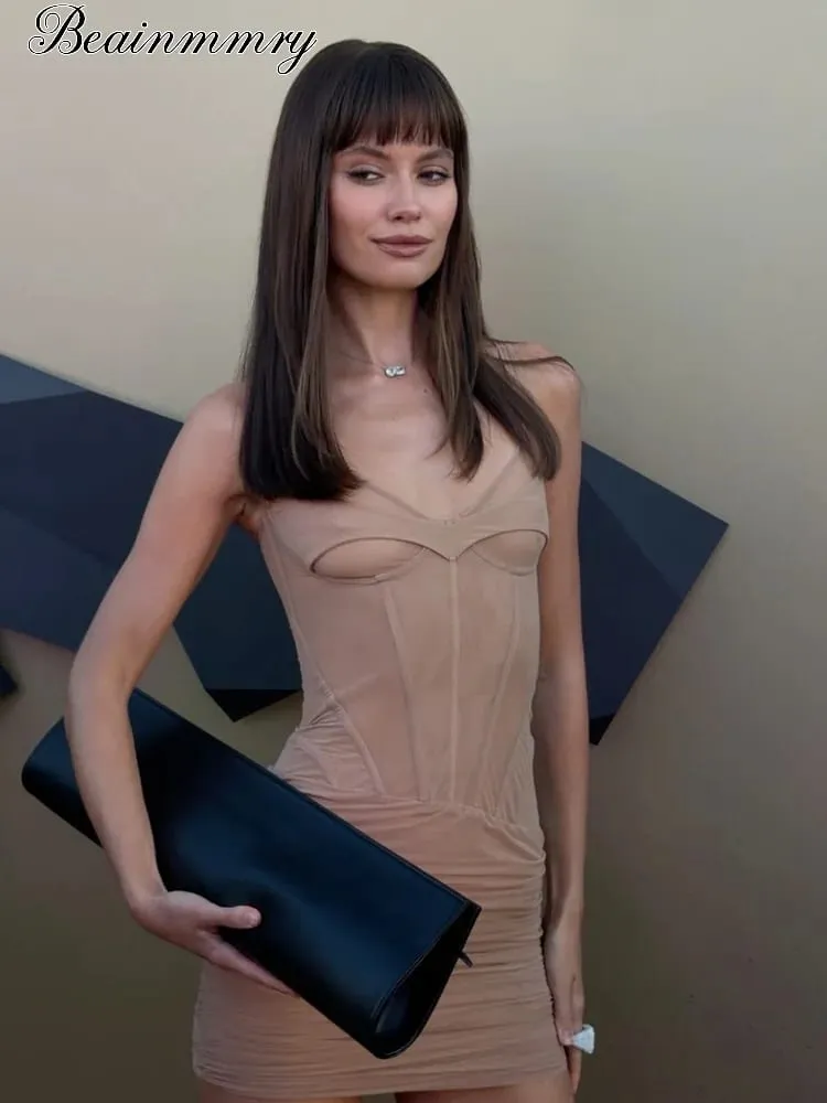 Mini vestiti sottili sexy a lisca di pesce da donna 2026 Estate solido scollo a V pieghettato senza maniche vestito aderente Fashion Lady Party Club Abiti — image 4