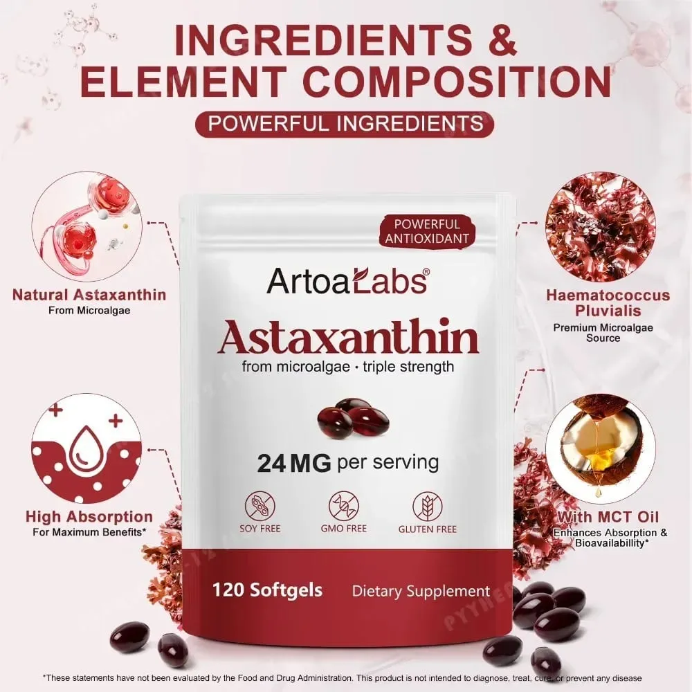 Astaxanthine Softgels 24 mg Triple force puissant antioxydant soutien de la santé des yeux microalgues sans soja sans gluten 120 unités — image 4