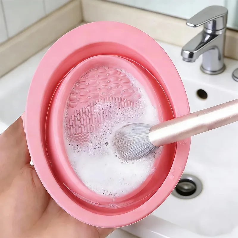 Bol de nettoyage de brosse de maquillage pliable en Silicone, épurateur texturé pour brosses bouffantes, éponges, outil de lavage de voyage Compact