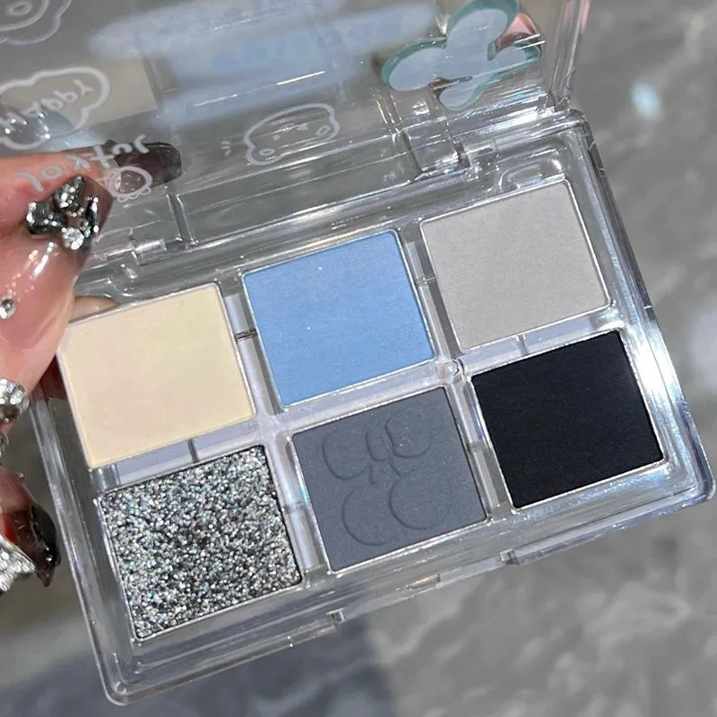 Tavolozza di ombretti fumosi blu grigio opaco Tavolozza di ombretti acrilici argento glitter a 6 colori Tavolozza di ombretti a lunga durata Cosmetici per il trucco degli occhi