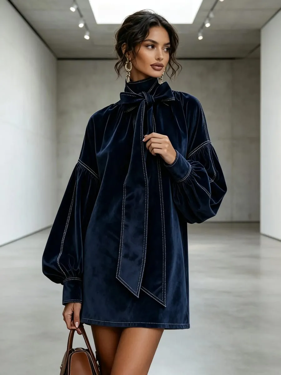 Américain rétro col haut lanterne manches longues nœud papillon élégant velours femmes Mini robes décontracté automne haute robe de rue — image 6