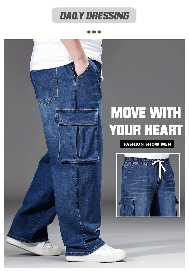 2026 nya män oversized jeans hög midja elastisk dragsko Stretch Baggy jeansbyxor Casual Mångsidiga byxor i plusstorlek