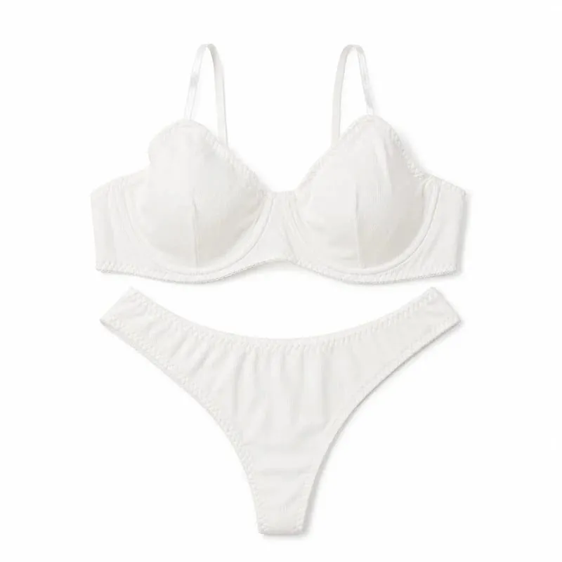 Set di biancheria intima da donna a costine tinta unita con ferretto e coppa sottile abbinato a perizoma a vita bassa morbido intimo quotidiano — image 7