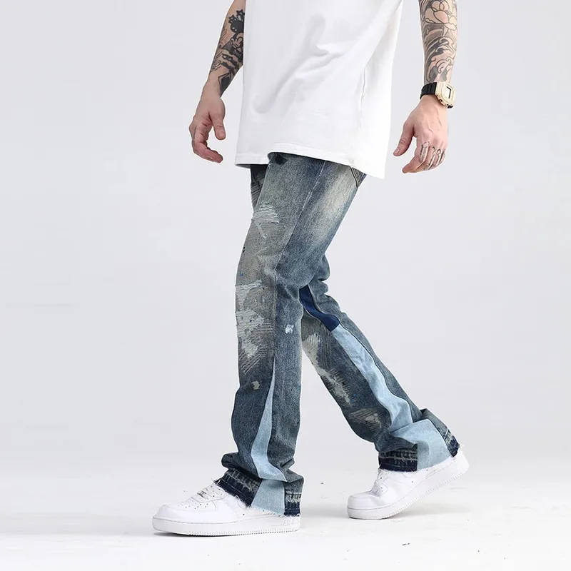 Blue Speckle Ink Washed Flared Jeans Slim Fit Hip Hop Graffiti Ripped Denim Pant Men Streetwear Vintage Wide Leg Jean Pants Y2k — image 5