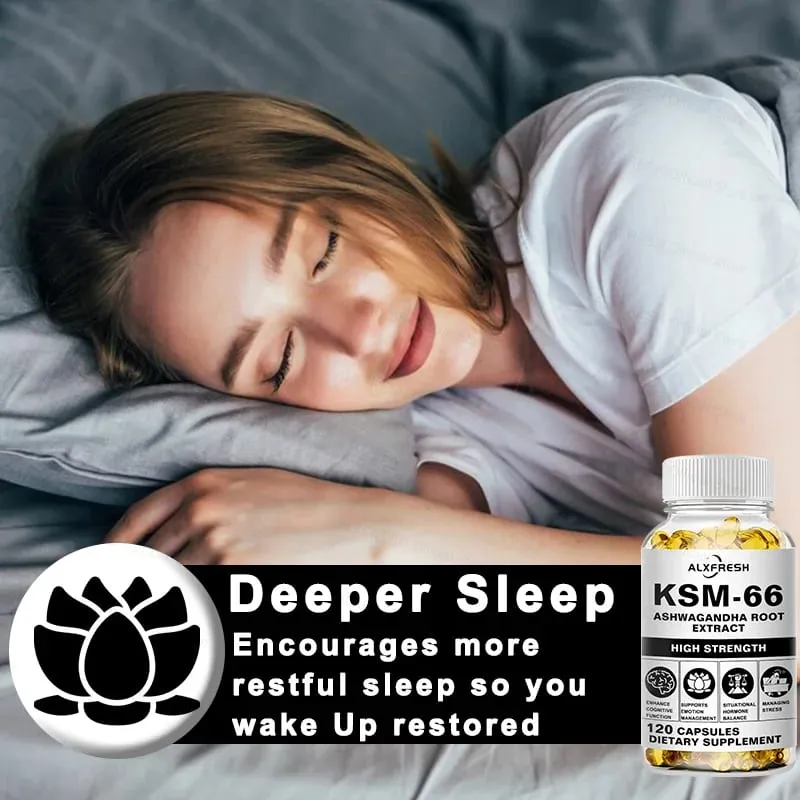 Natural Organic Ashwagandha KSM-66 Supplements Capsules for Stress Relief Focus Brain Energy Support Sleep Health Supplement