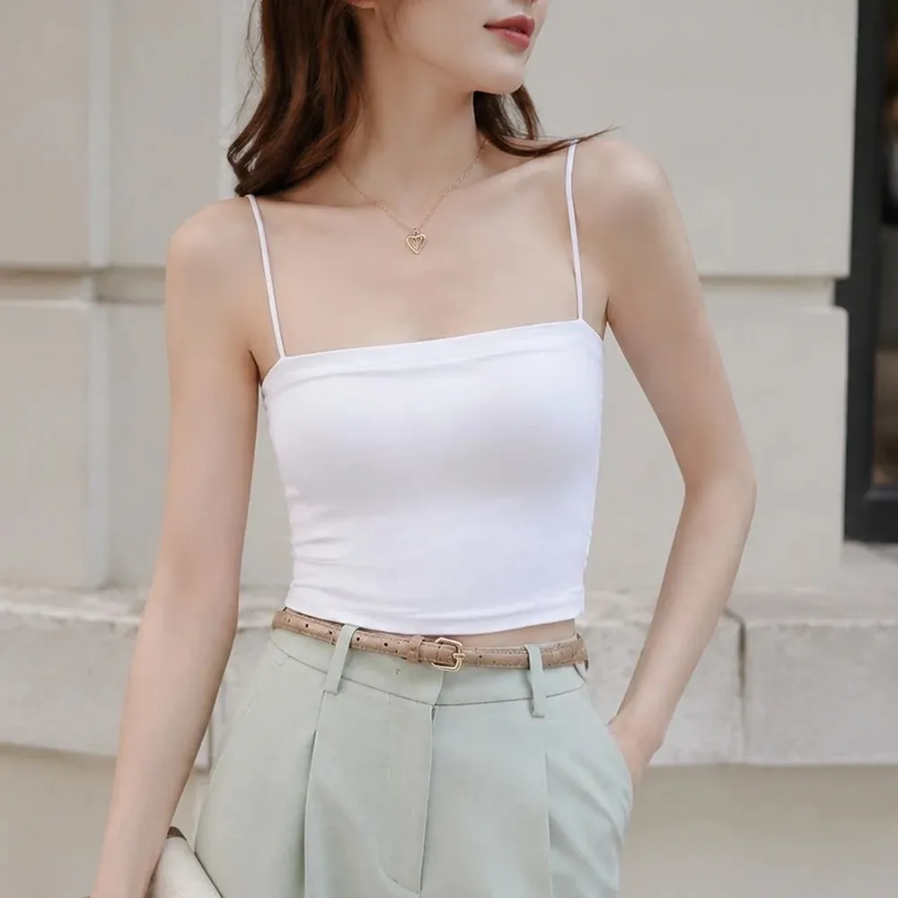 1pcs Womens Solid Thin Strap Tube Top Girls Slim Stretch Camisole Sleeveless Basic Layering Tank Vest Summer Ladies Daily Wear — image 5