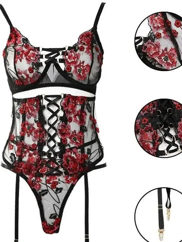 Flower Embroidery Mesh Transparent Fashion Sexy Bodysuits Backless Deep V Sleeveless Bodysuits Hollow Out Pure Desire Charm MSQT — image 6