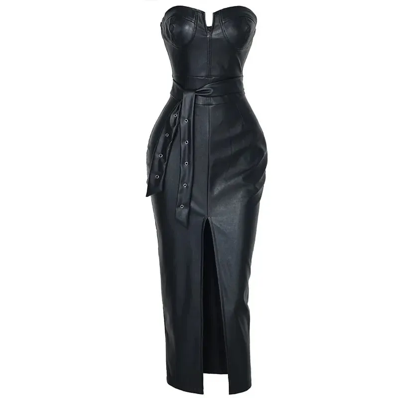 Sexy Liebsten Bodycon PU Leder Kleid Frauen Split Niet Drop Drapierte Kleid Club Party Tragen Weibliche Vestidos — image 5