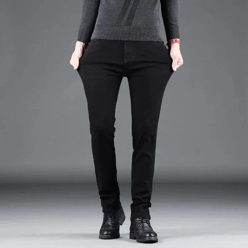 Pantaloni dritti elastici dei jeans slim neri puri dei nuovi uomini di primavera autunno moda business per il tempo libero pantaloni denim vintage coreani maschili — image 3