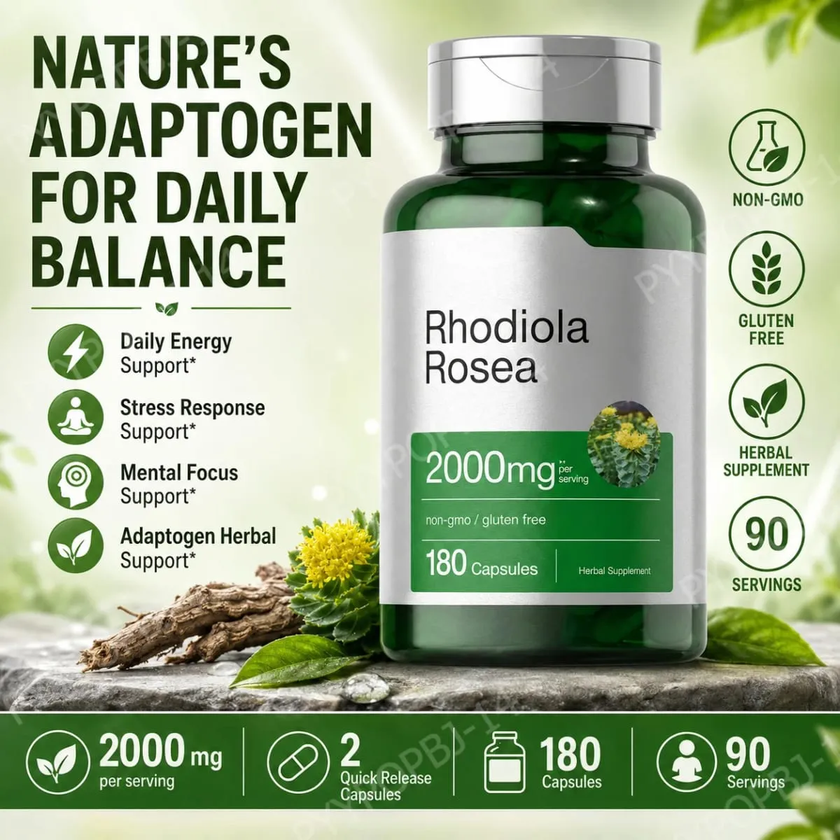 Ekstrak Akar Rhodiola Rosea 2000mg Suplemen Diet Herbal Setara 180 Kapsul — image 2