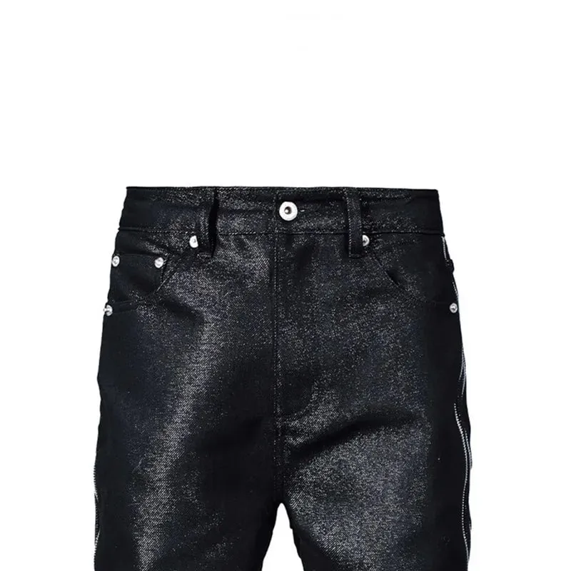 Jeans bootcut con trama metallica intrecciata in filo d'argento di alta qualità Jeans impilati punk gotico con doppie cerniere laterali da uomo — image 5