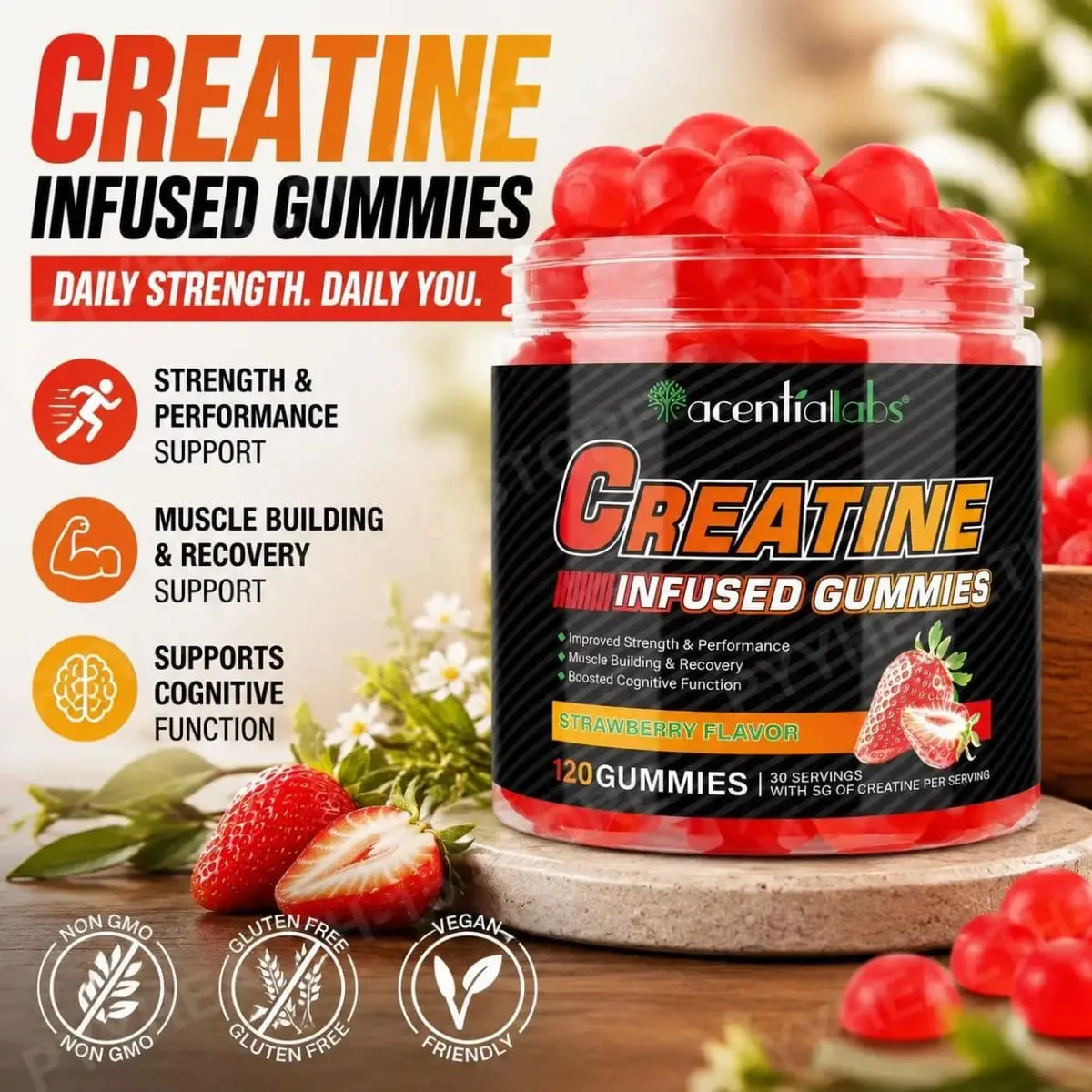 Acentilabs caramelle gommose alla creatina monoidrato per forza e prestazioni costruzione e recupero muscolare 120 caramelle gommose alla fragola — image 2
