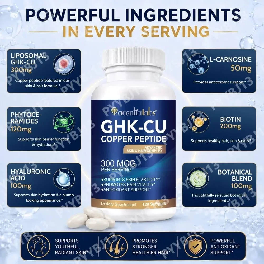 Natürliche vegane Haut-Haar-Komplex-Ergänzungen, liposomale GHK-Cu-Kupfer-Peptid-Softgel-Kapseln, 120 Tabletten, mit Biotin für Erwachsene — image 6