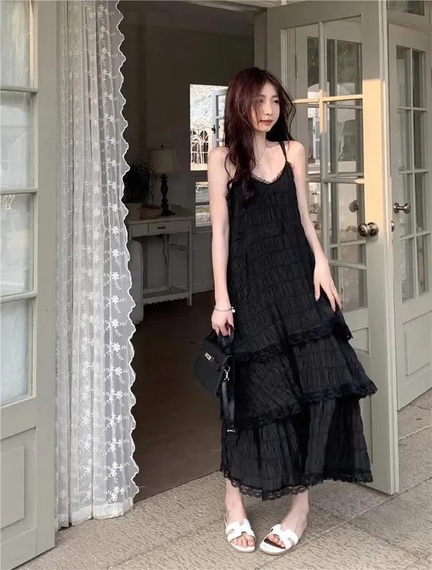 Sommer Befree Lange Vintage Casual Rüschen Elegante Maxi Strap Camis Seidige Strand Spitze Elegante Party Kleid Vestidos Sexy Frauen