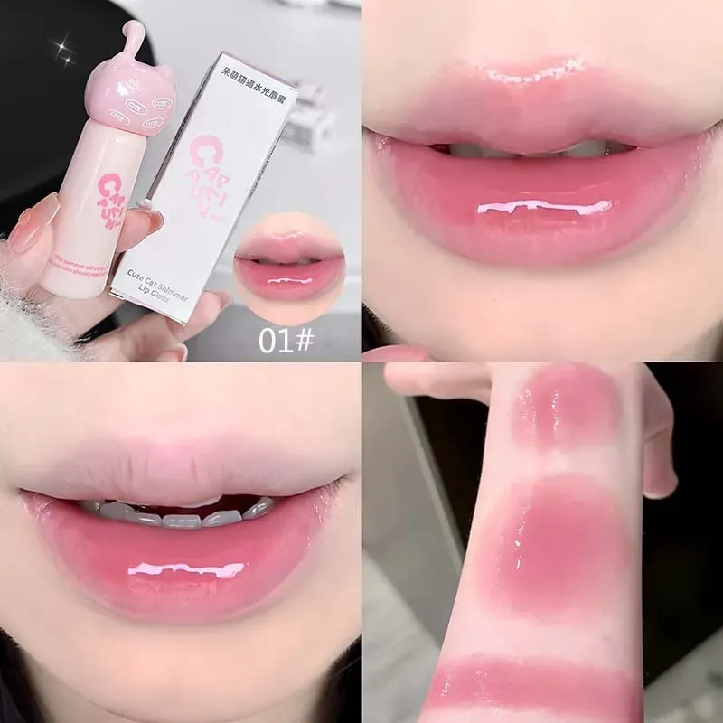 Cute Cat Water Mirror Lip Gloss Lasting Moisturizing Rose Apricot Pink Tint Lip Glaze Nude Lipstick Korean Makeup Girl